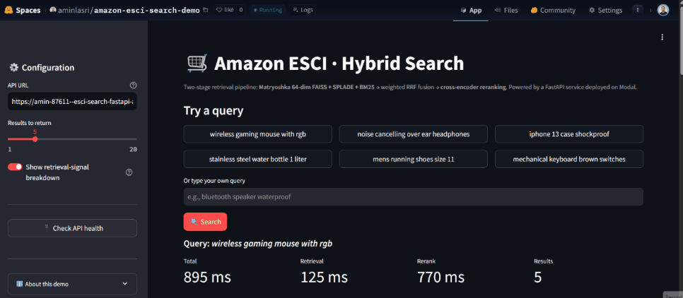 Amazon ESCI demo: a query for 'wireless gaming mouse' returns ranked products in ~1 second, with per-result retrieval-signal breakdown showing which retrievers (BM25 / SPLADE / Dense) found each product and at what rank.